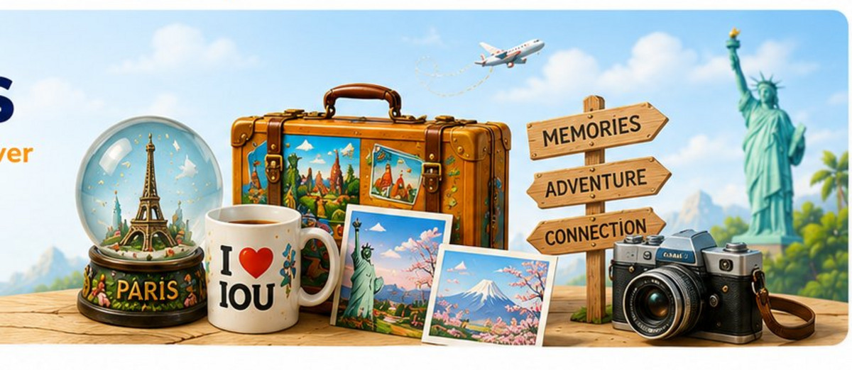 Travel souvenirs including a globe, postcards, camera, mug and landmark keepsakes