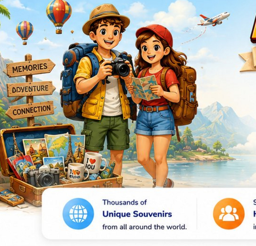 Illustrated travelers with suitcases, cameras and world souvenirs